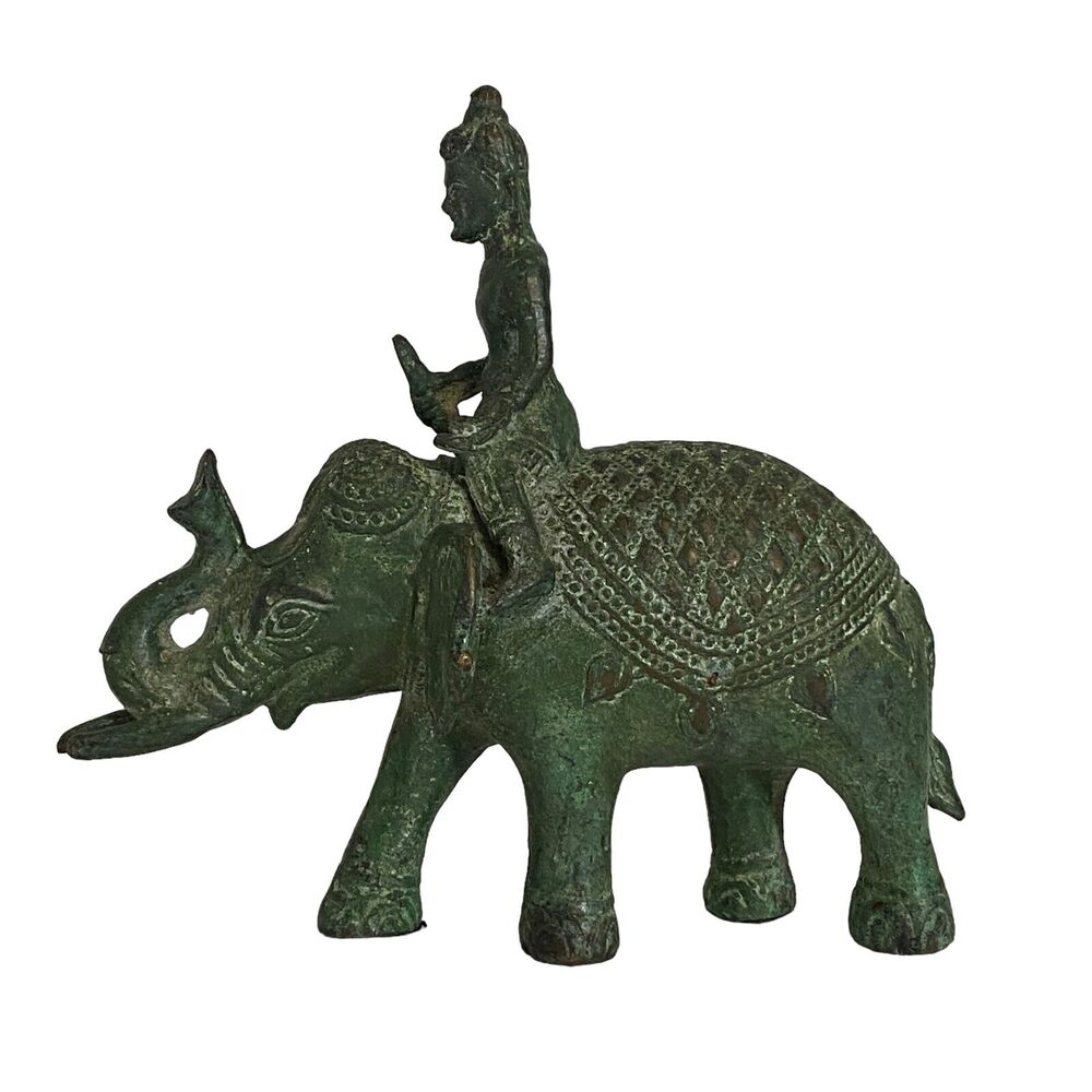 Vintage Brass Cornac Soldier Riding Elephant Warrior Patina Cambodia